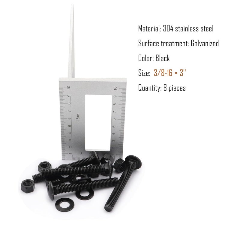 SCXCLY 8 Sets Carriage Bolts Screws, (3/8-16 x 3) Round Head, Square Neck, with (Hex Nuts & Flat Washers), 304 Stainless Steel, Galvanizing (Black) - Image 2